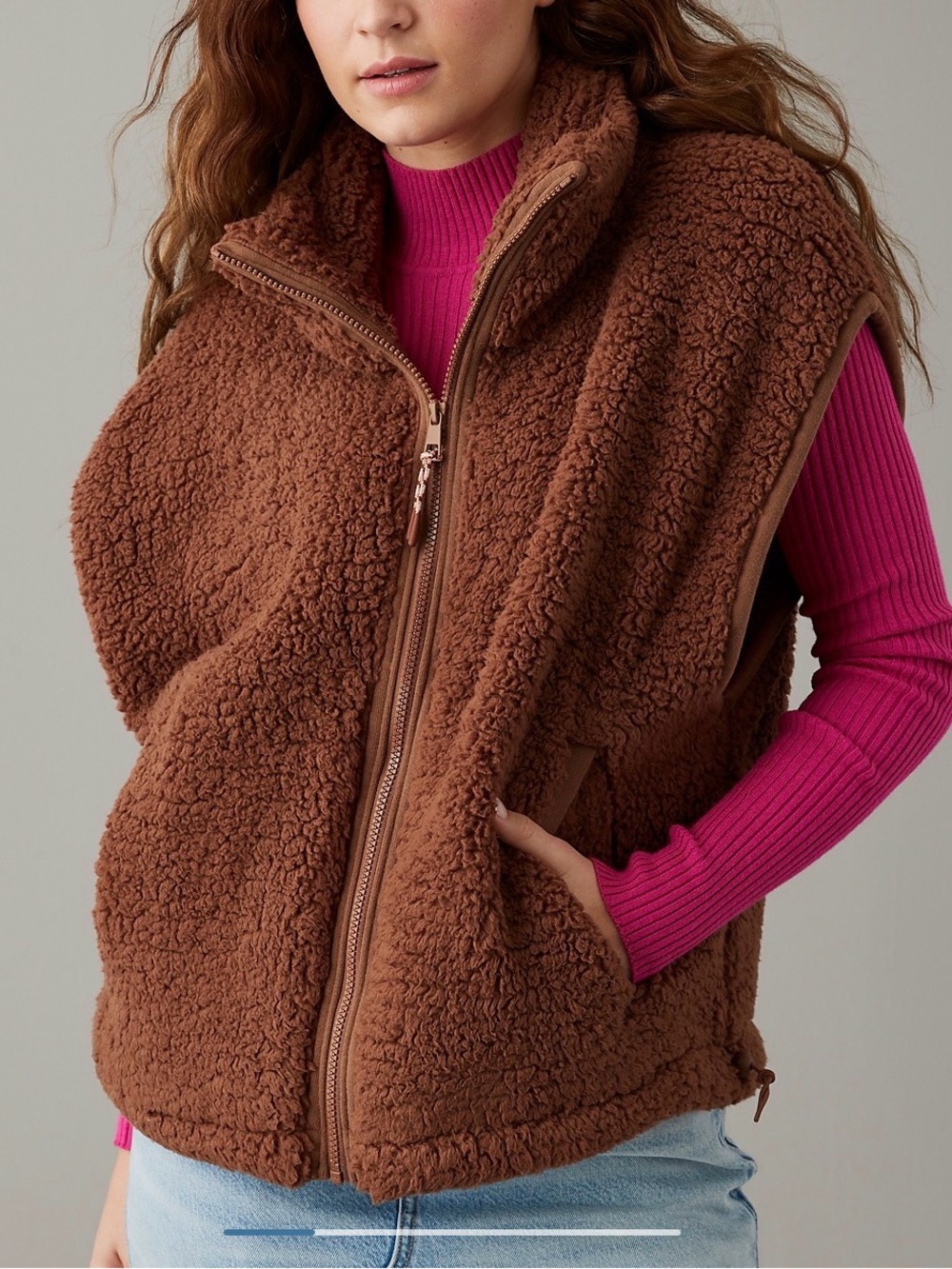 American Eagle Cozy Brown Sherpa Zip-Front Vest